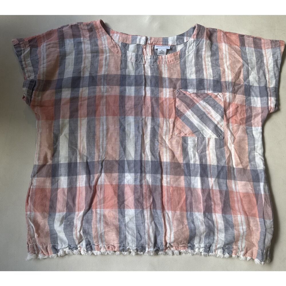 Liz Claiborne Women's XL Blouse Linen Cotton Pink Blue Plaid Fringe